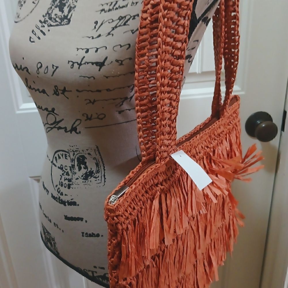 The Last Straw Fringe Straw Tote Bag in Burnt Orange - Picture 4 of 6